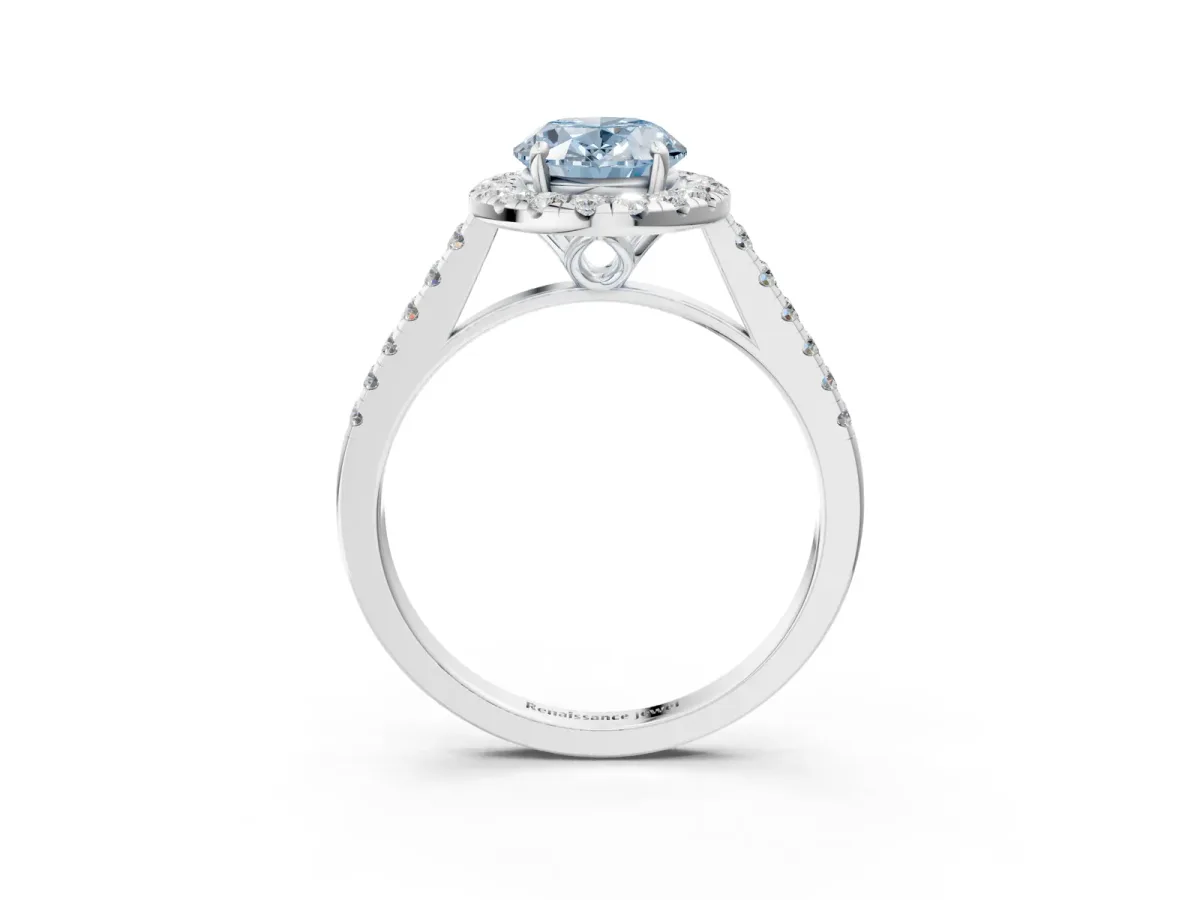 Fancy Blue Oval Cut Halo Pavé Diamond Engagement Ring with Four-Prong Setting Silver