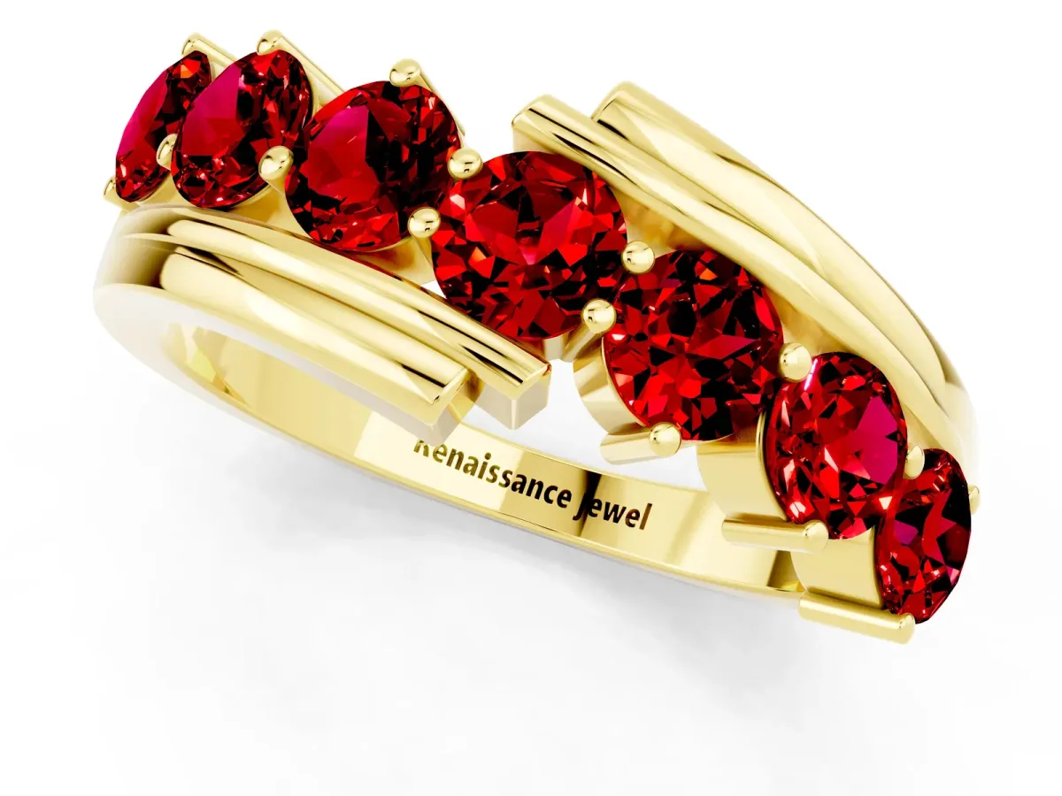 Round Ruby Wave Band with Channel and Shared Prong Setting Yellow gold