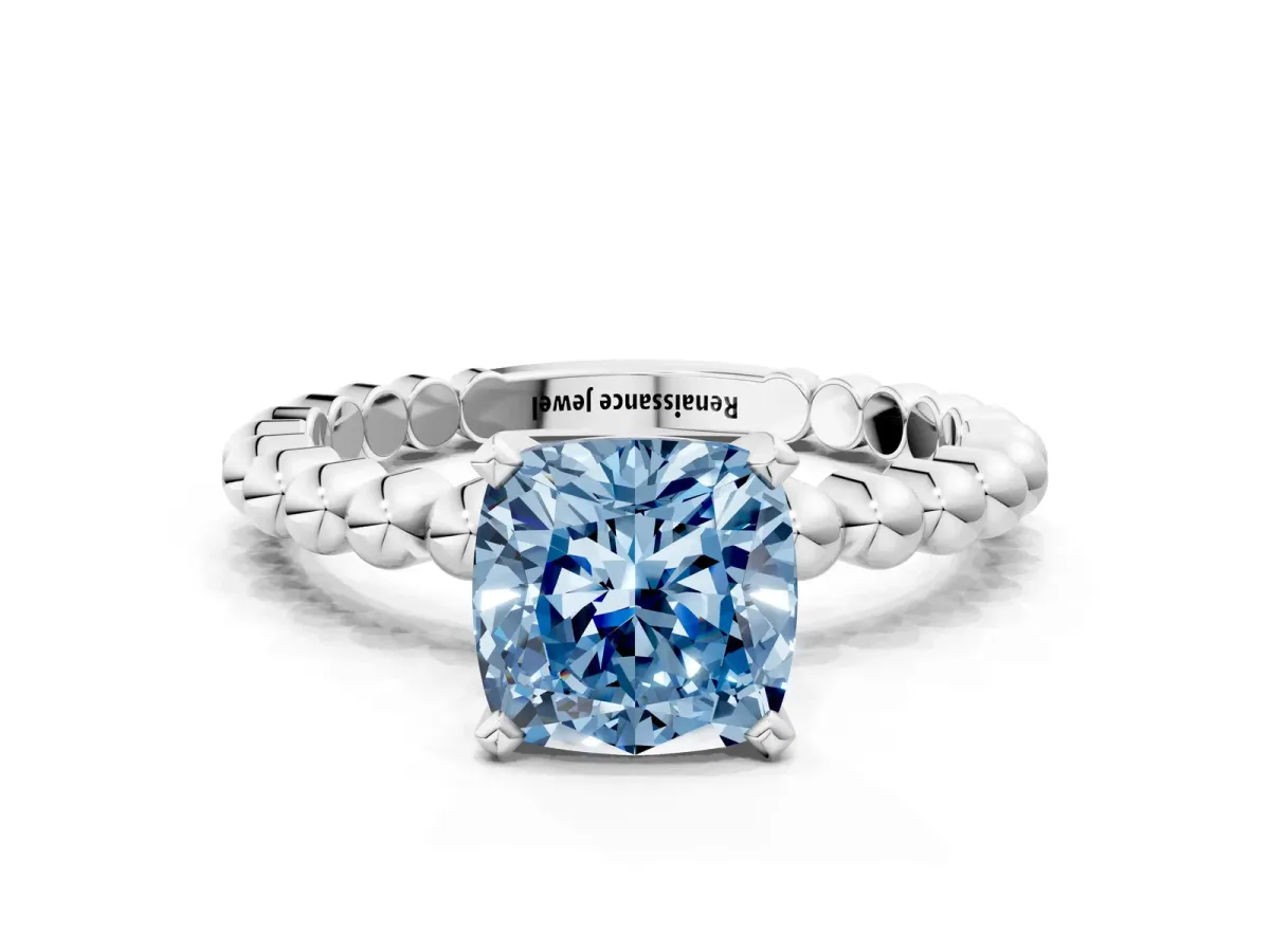 Fancy Blue Cushion Cut Diamond Solitaire Ring with Beaded Band and Prong Setting Silver
