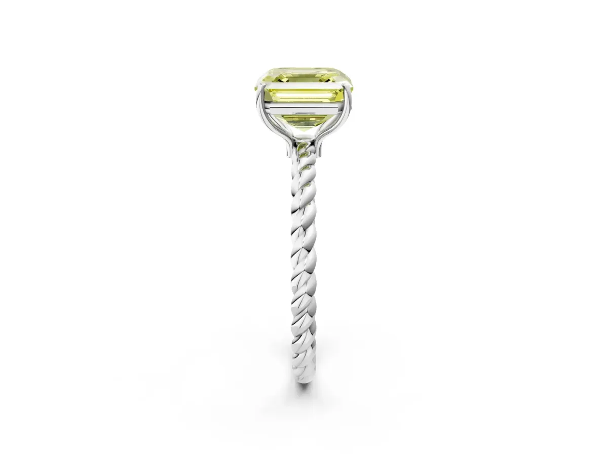 Fancy Yellow Asscher Cut Solitaire Twisted Band 4-Prong Ring Platinum