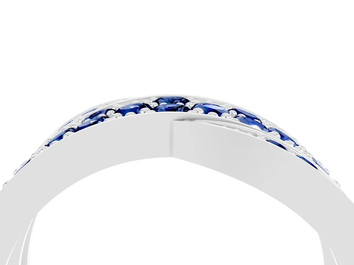 Pavé Round Blue Sapphire Crossover Band with Bead Prong Setting White gold