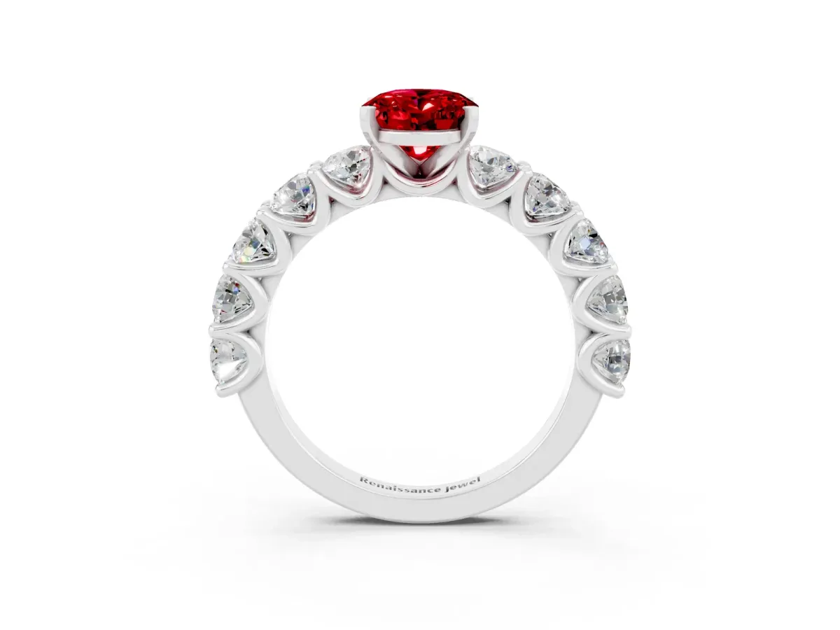 Oval Cut Ruby Prong Setting with Side Stones on a Pave Band Platinum