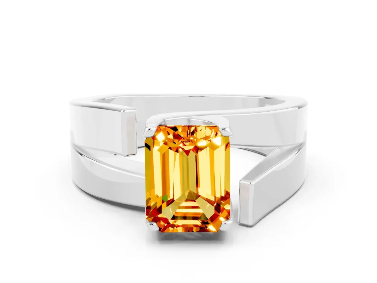 Modern Tension Set Emerald Cut Citrine Solitaire Wide Band Ring Platinum