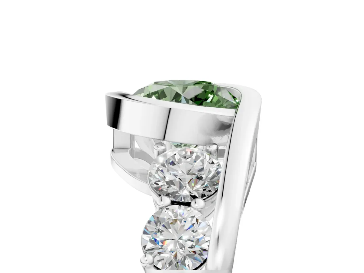 Fancy Green Bezel Set Round Cut Diamond Bypass Ring with Round Accents Silver