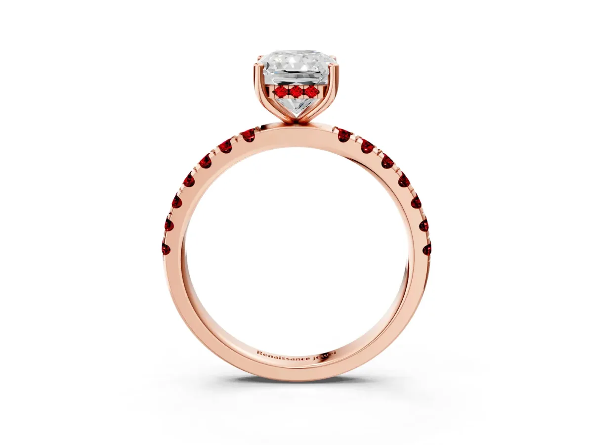 Radiant Cut Diamond Pave Band Solitaire Ring with Round Ruby and Prong Setting Rose gold