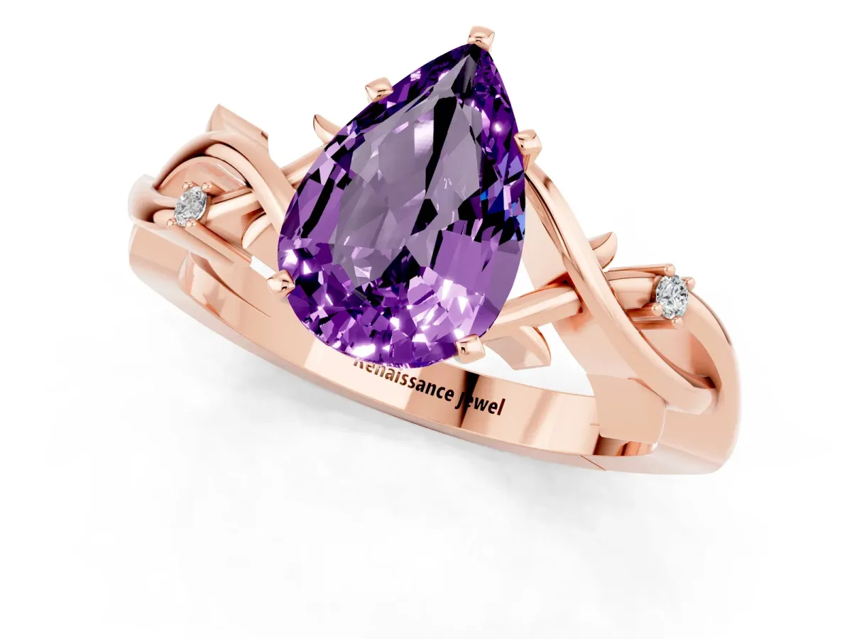Pear Cut Amethyst Solitaire Ring with Twisted Band and Prong Setting Rose gold
