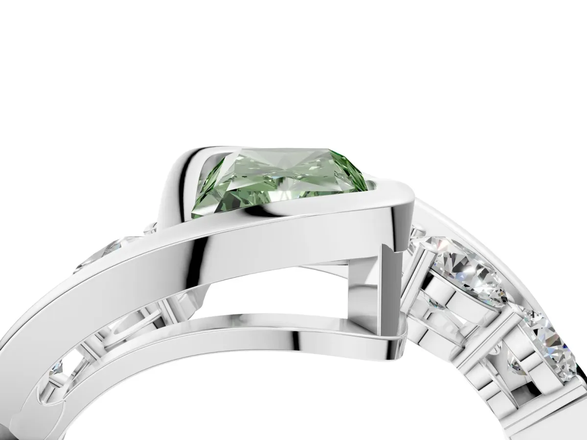 Fancy Green Bezel Set Radiant Cut Diamond Bypass Ring with Round Accents Platinum