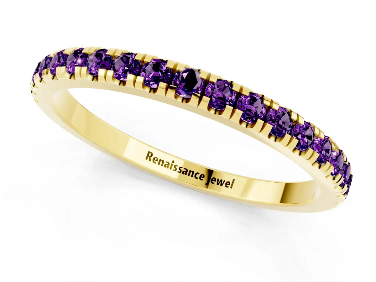 Pavé Round Amethyst Half Eternity Band with Shared Prong Setting Yellow gold