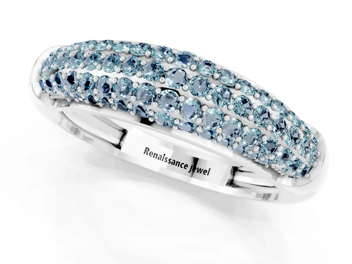 Three-Row Pavé Round Aquamarine Dome Band Silver
