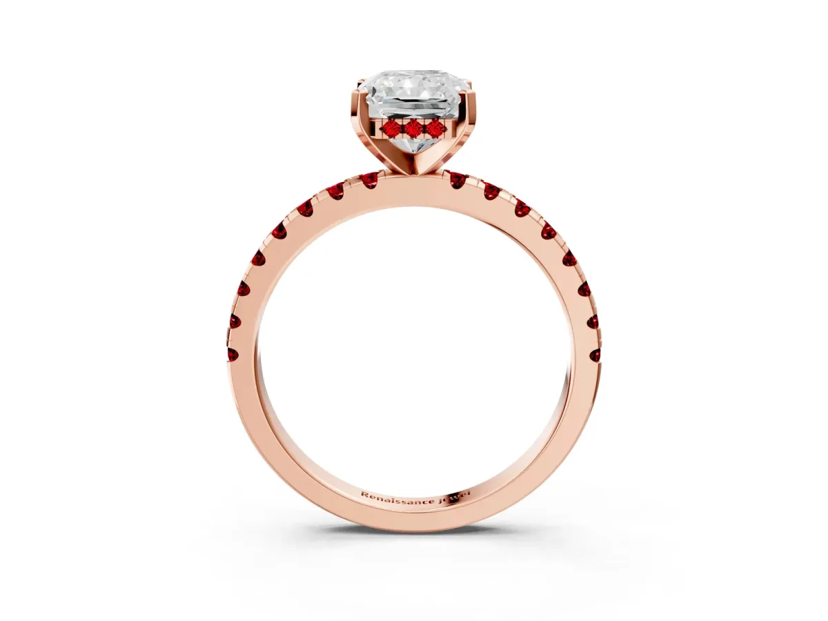 Radiant Cut Diamond Solitaire Ring with Round Ruby Pavé Band and Four-Prong Setting Rose gold