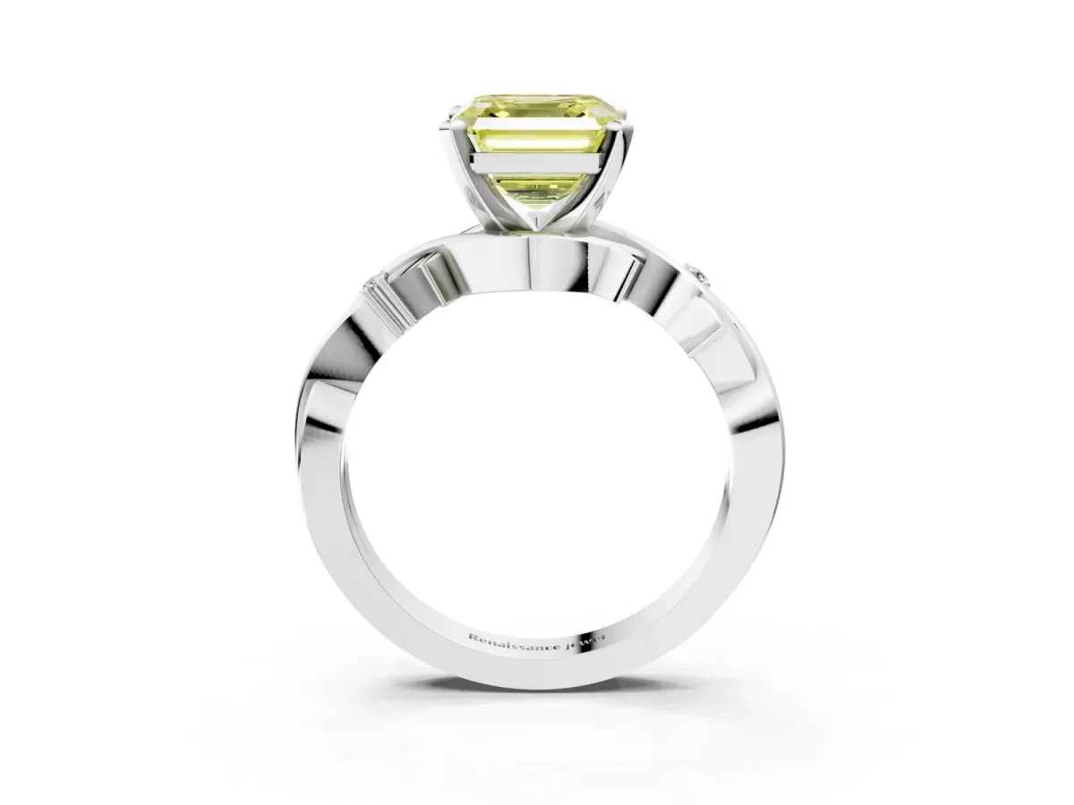 Fancy Yellow Asscher Cut Diamond Solitaire Ring with Twisted Band and Prong Setting Silver