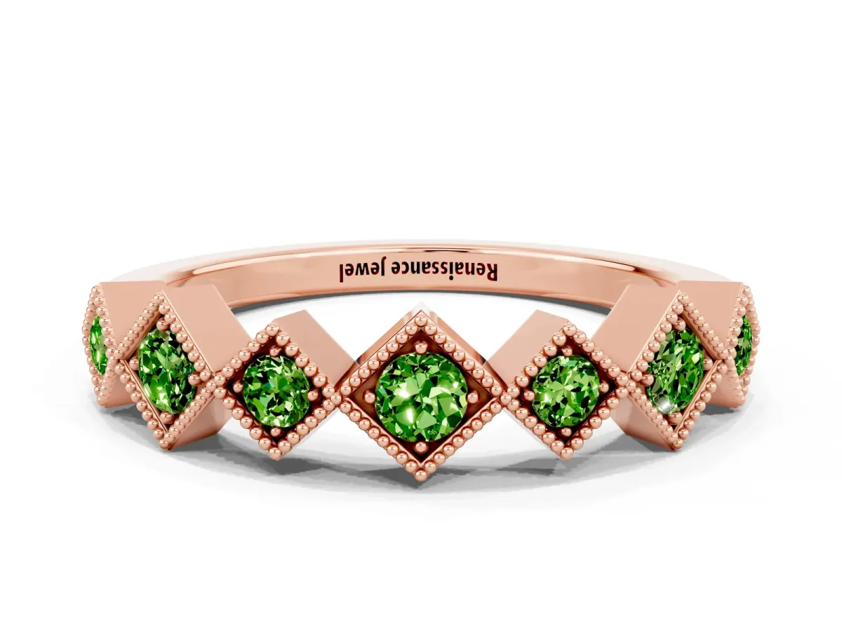 Milgrain Square Bezel Round Peridot Chevron Band Rose gold