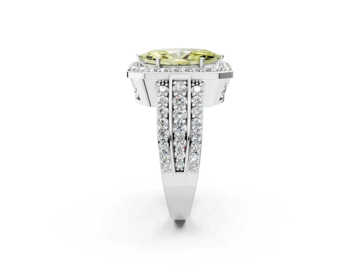 Fancy Yellow Marquise Cut Halo Diamond Ring with Round Split Shank and Prong Setting Platinum