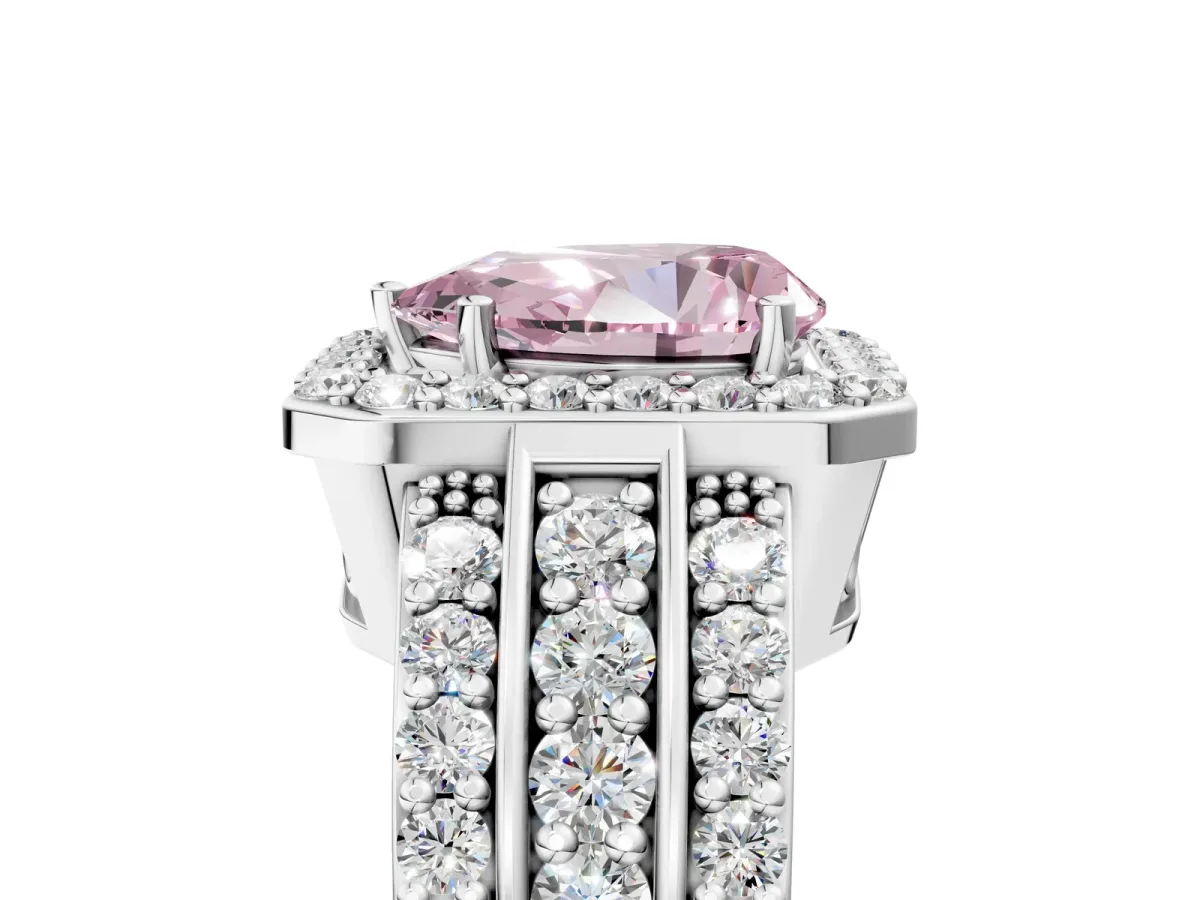 Fancy Pink Pear Cut Halo Diamond Ring with Round Split Shank and Prong Setting Silver