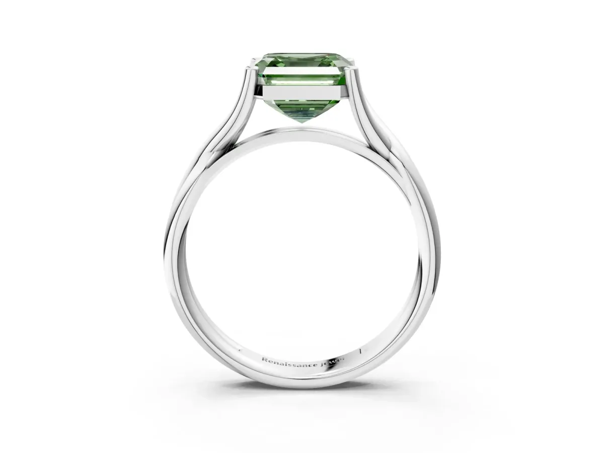 Fancy Green Asscher Cut Diamond Solitaire Twist Band Prong Setting Ring Platinum