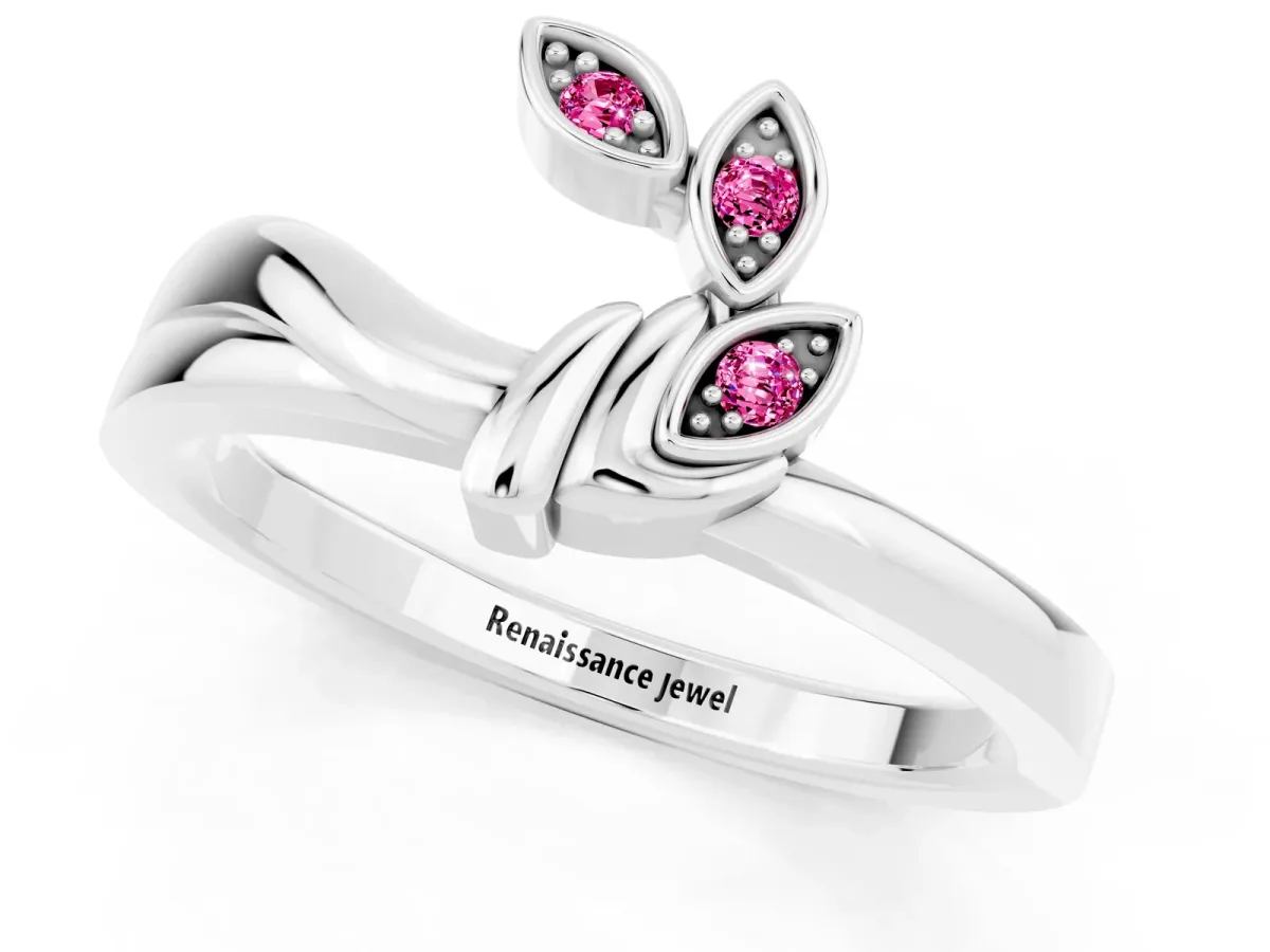Three-Stone Round Pink Sapphire Leaf Bypass Ring with Bezel Setting Platinum