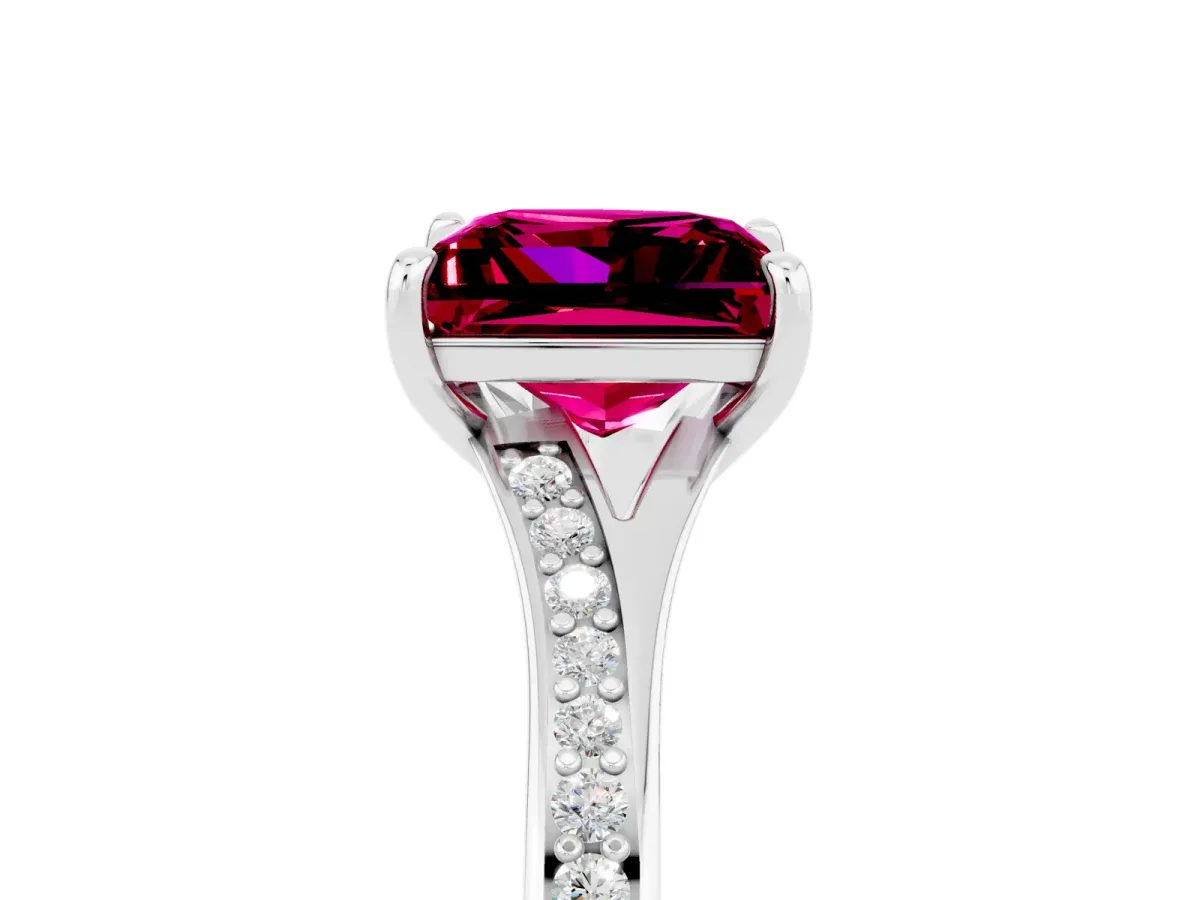 Princess Cut Garnet Solitaire Ring with Pavé Band and Prong Setting Silver