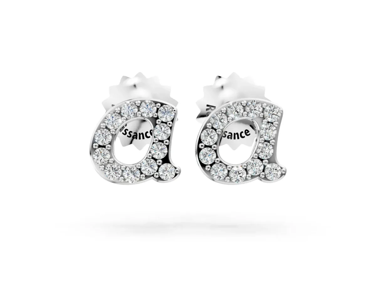 Round Diamond Initial A Stud Earrings White gold