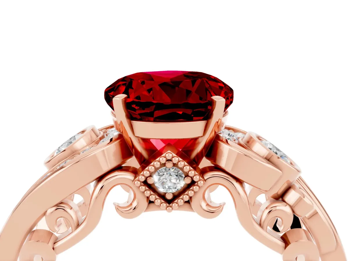 Round Cut Ruby Solitaire Ring with Milgrain Pavé Band and Four-Prong Setting Rose gold