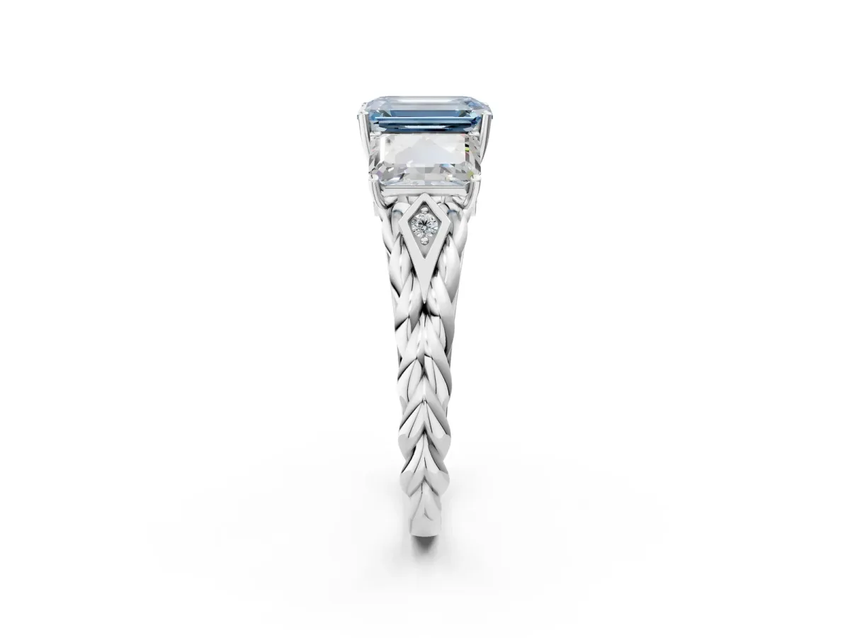 Fancy Blue Three-Stone Emerald Cut Diamond Braided Band Ring with Four-Prong Setting Platinum