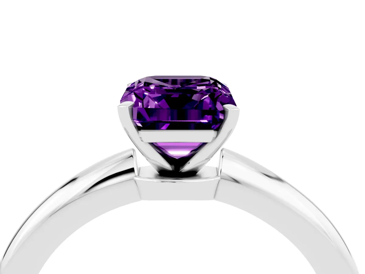 Emerald Cut Amethyst Solitaire Ring with Six-Prong Setting and Classic Band Silver