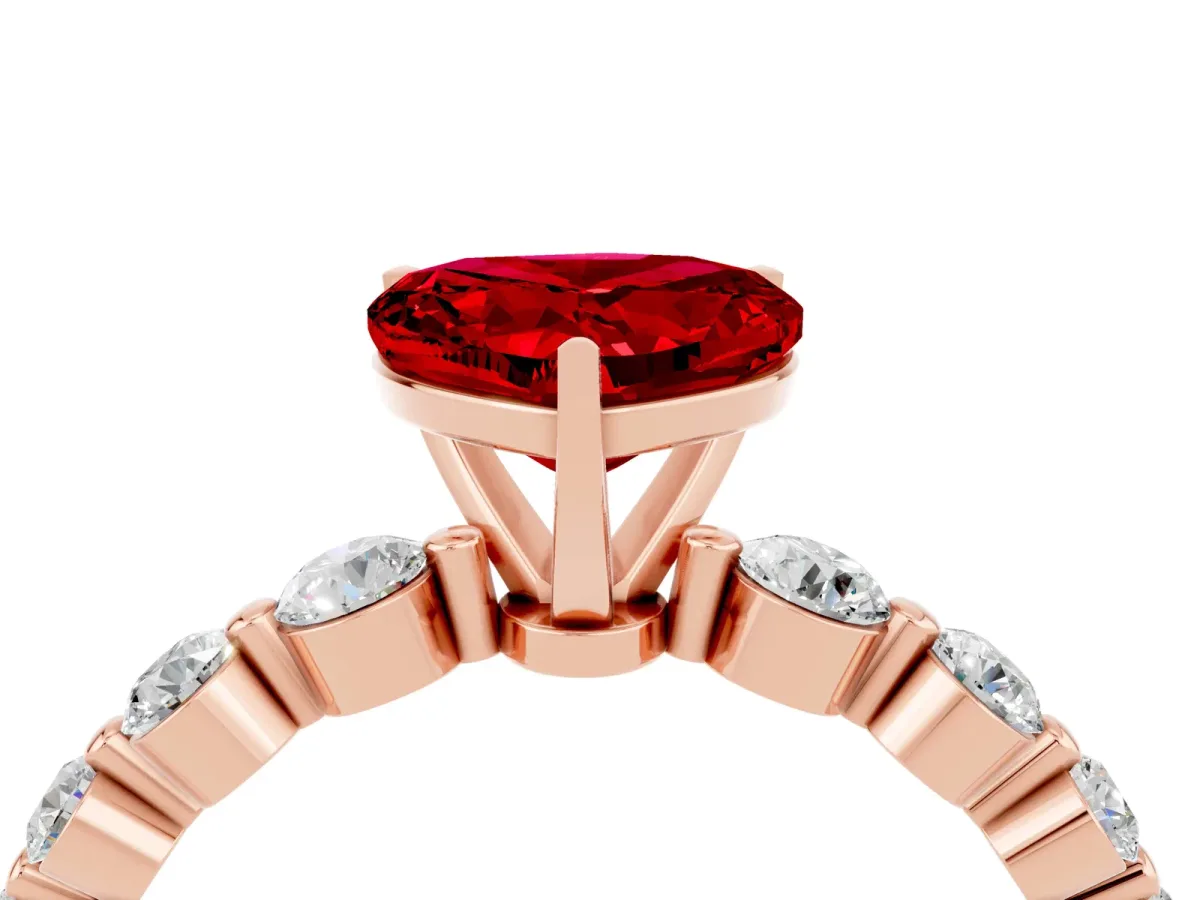 Heart Cut Solitaire Ruby Ring with Pave Band and Four-Prong Setting Rose gold
