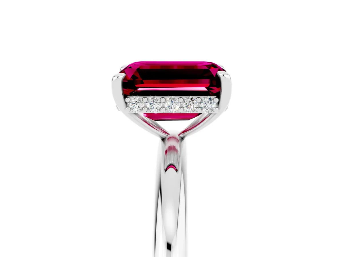 Emerald Cut Garnet Solitaire Ring with Thin Band and Four-Prong Setting White gold