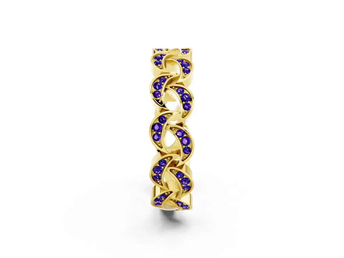 Pavé Round Tanzanite Interlocking Eternity Band with Bezel Prong Setting Yellow gold