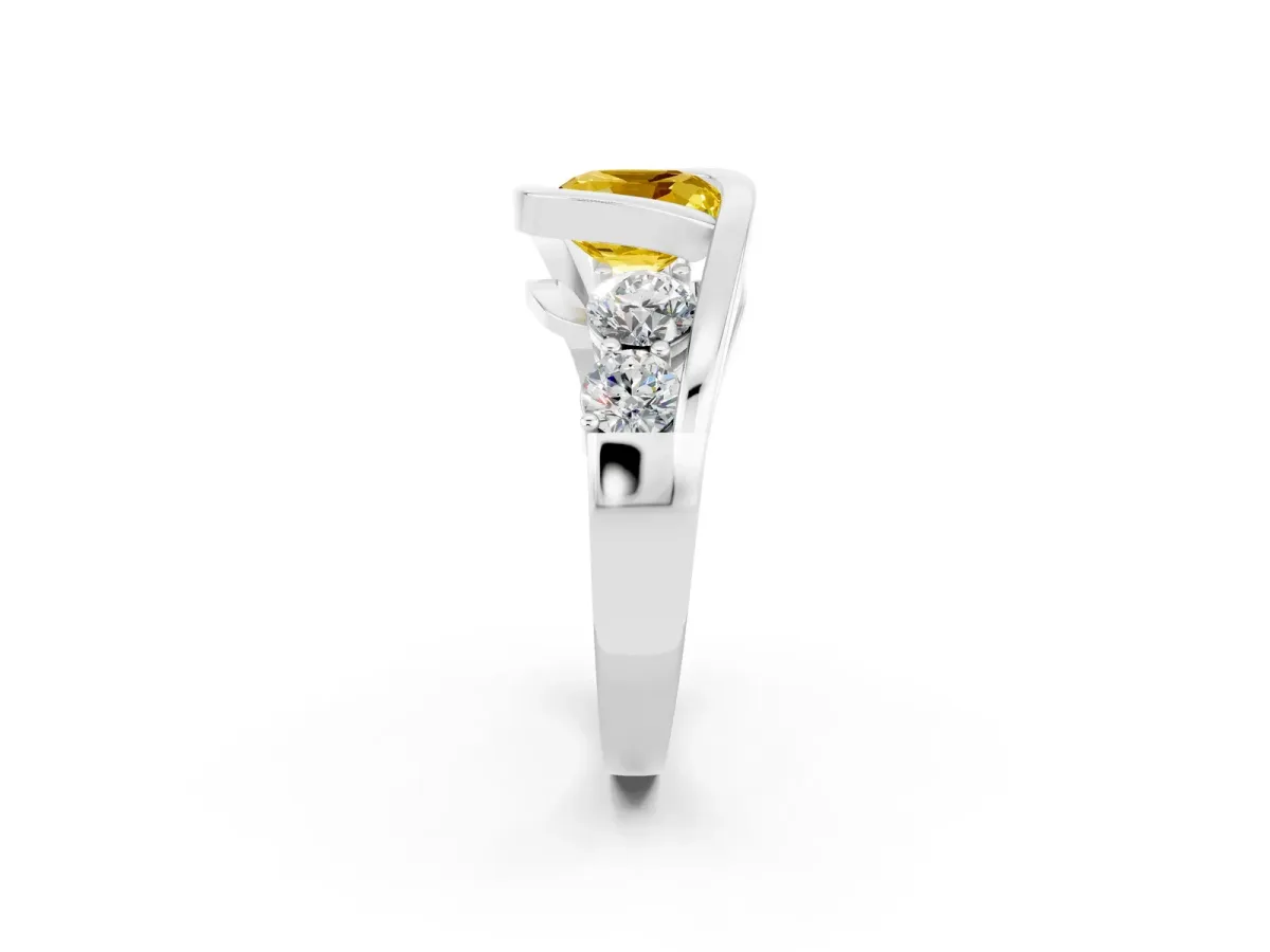 Bezel Set Cushion Cut Yellow Sapphire Bypass Ring with Round Accents Silver