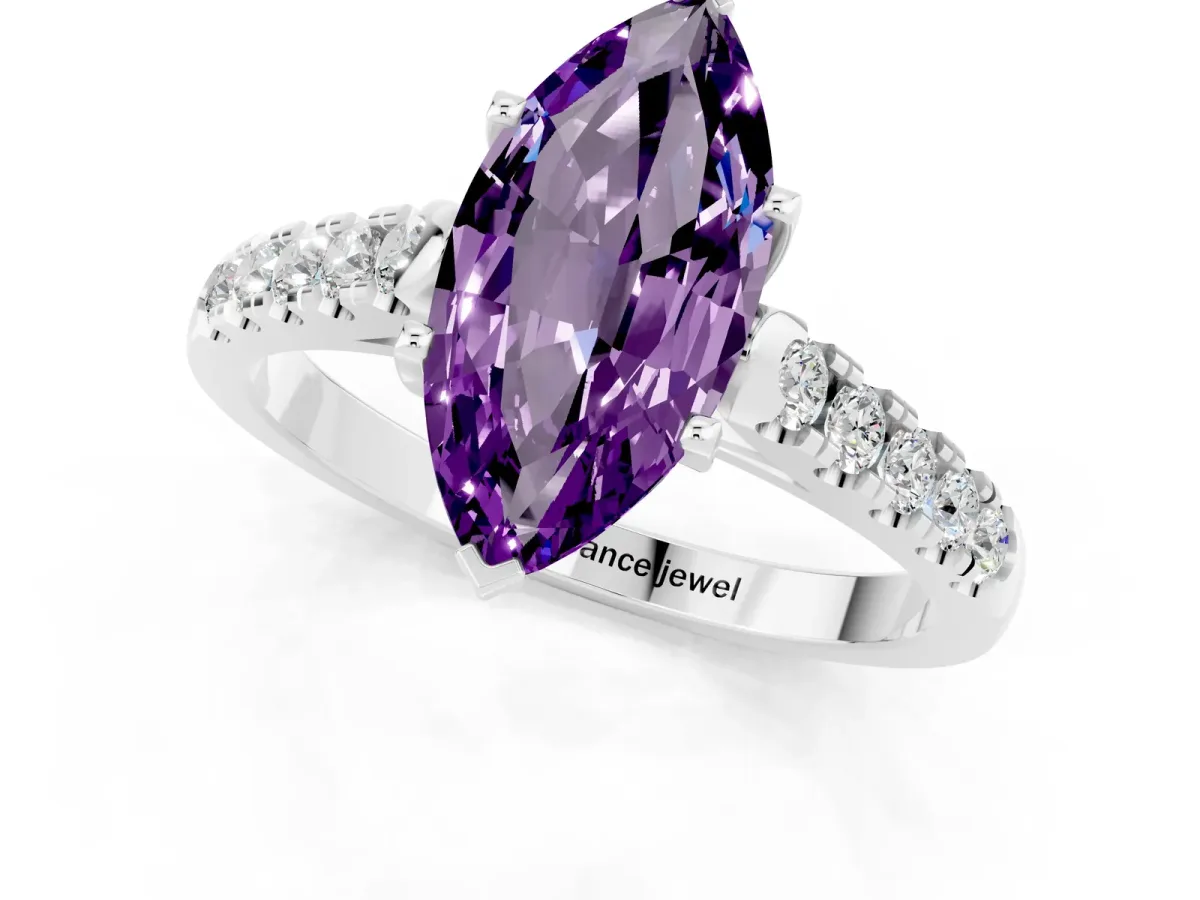 Marquise Cut Amethyst Pavé Band Solitaire Ring with Prong Setting Silver