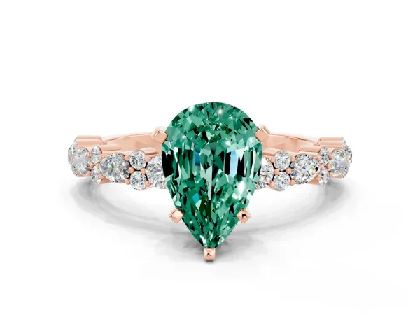 Pear Cut Green Sapphire Side Stone Solitaire Ring with Round and Four-Prong Setting Rose gold