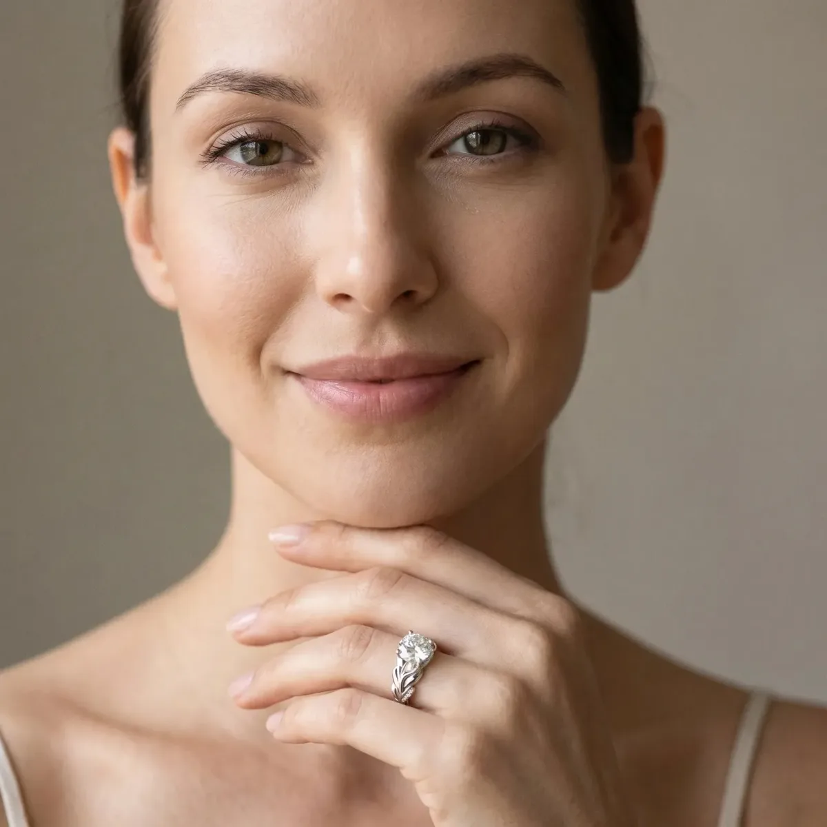 Round Cut Diamond Leaf-Inspired Engagement Ring with Round Accents and Prong Setting Silver