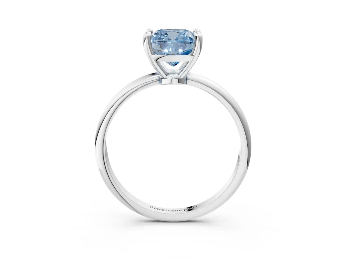 Fancy Blue Cushion Cut Solitaire Diamond Ring with 4-Prong Setting on a Classic Band Silver