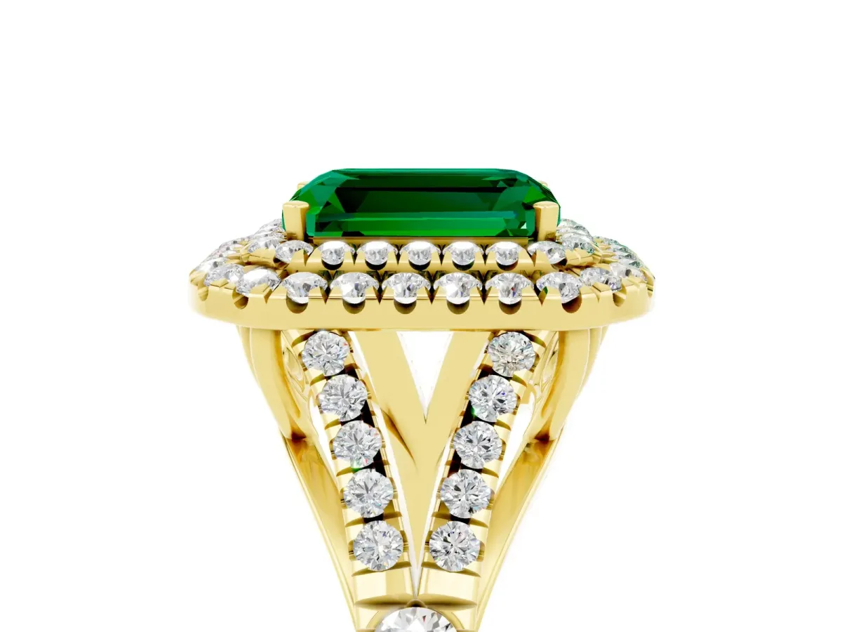 Double Halo Emerald Cut Emerald Split Shank Engagement Ring with Four-Prong Setting Yellow gold