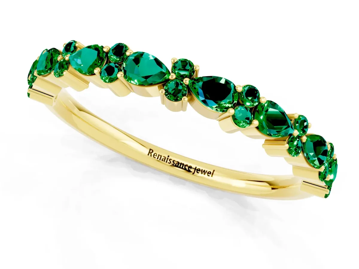 Pear and Round Emerald Wedding Band Yellow gold