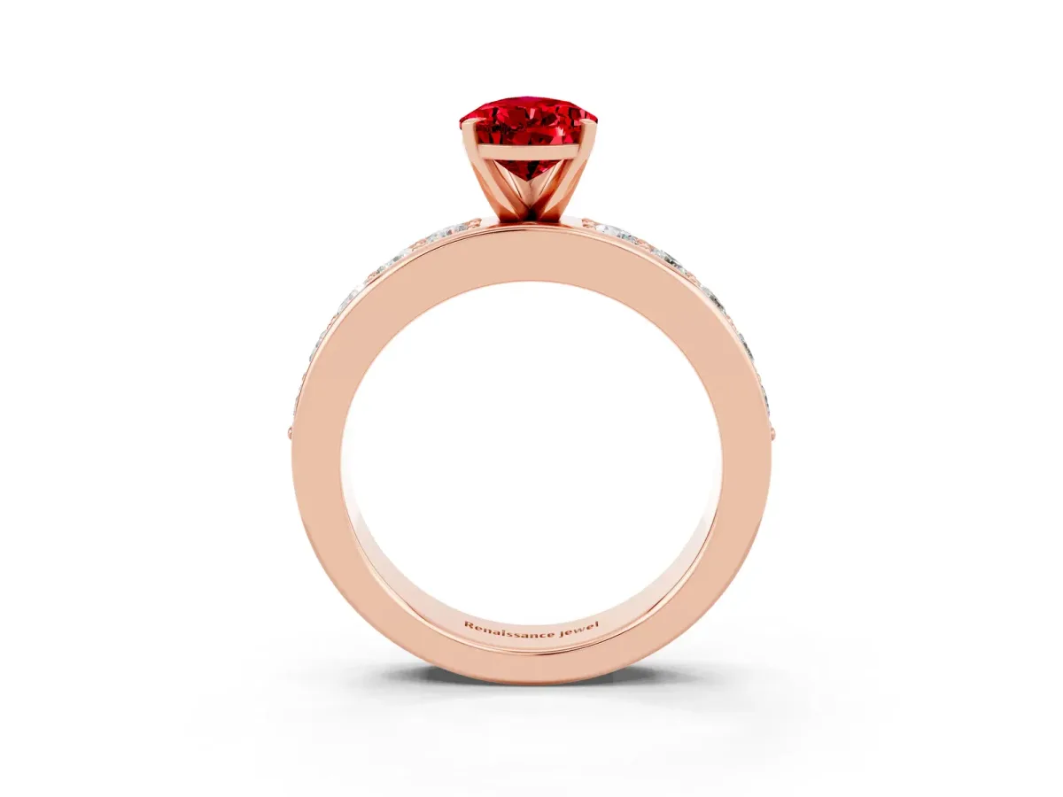 Pear Cut Ruby Engagement Ring with Channel Set Round Band and Prong Setting Rose gold