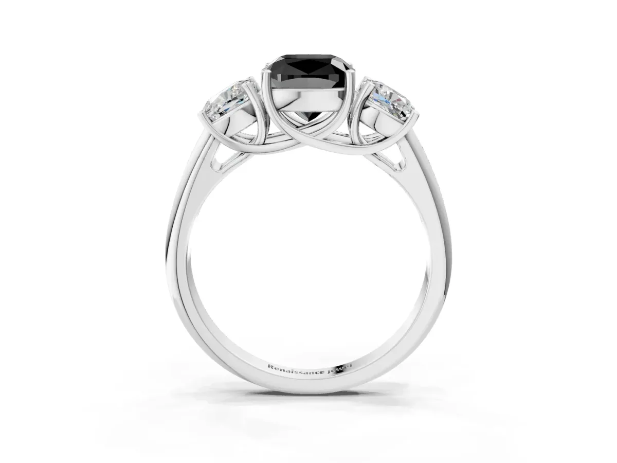 Fancy Black Three-Stone Cushion Cut Diamond Engagement Ring with Prong Setting White gold
