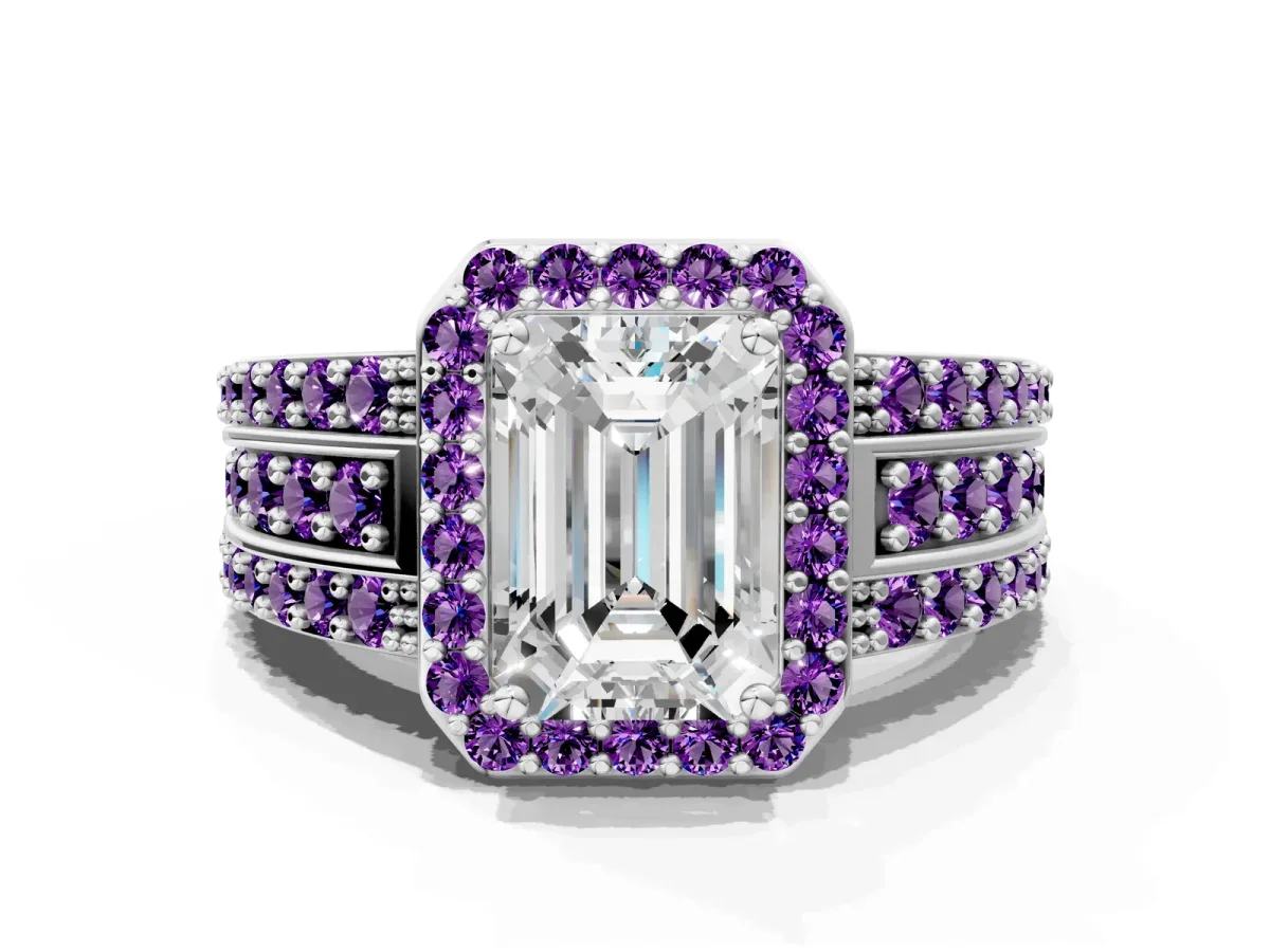 Emerald Cut Halo Diamond Ring with Round Amethyst Split Shank and Prong Setting Silver