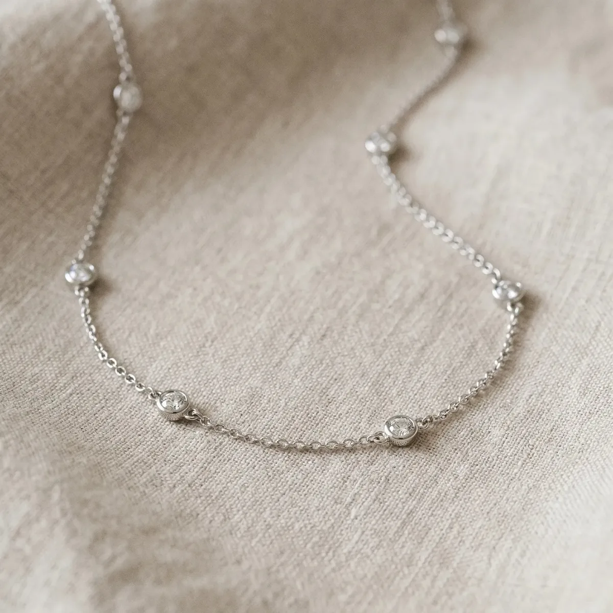 Bezel-Set Round Diamond Station Necklace with Cable Chain Silver