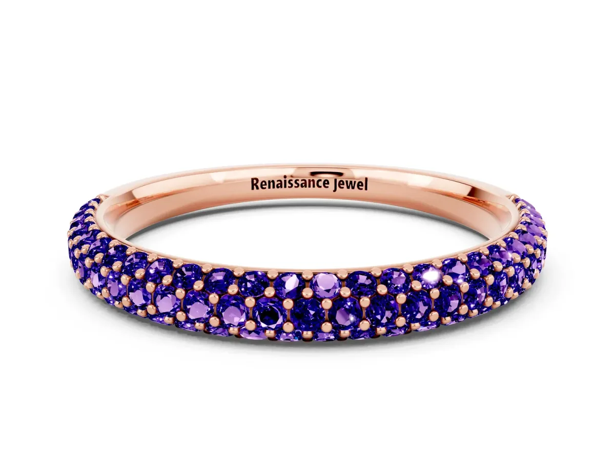 Round Tanzanite Pavé Eternity Band with Shared Prong Setting Rose gold