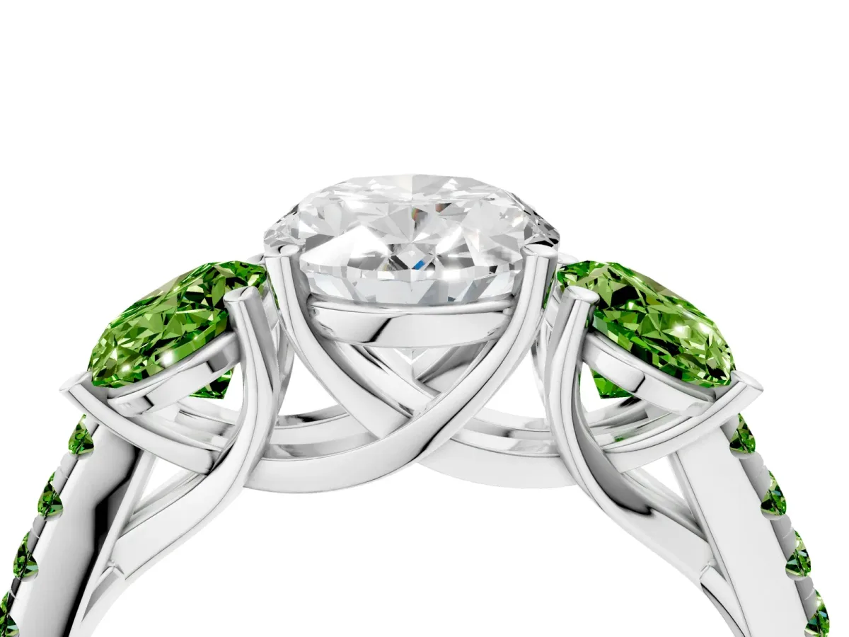 Three-Stone Oval Cut Diamond Ring with Round Peridot Pavé Band and Prong Setting Silver