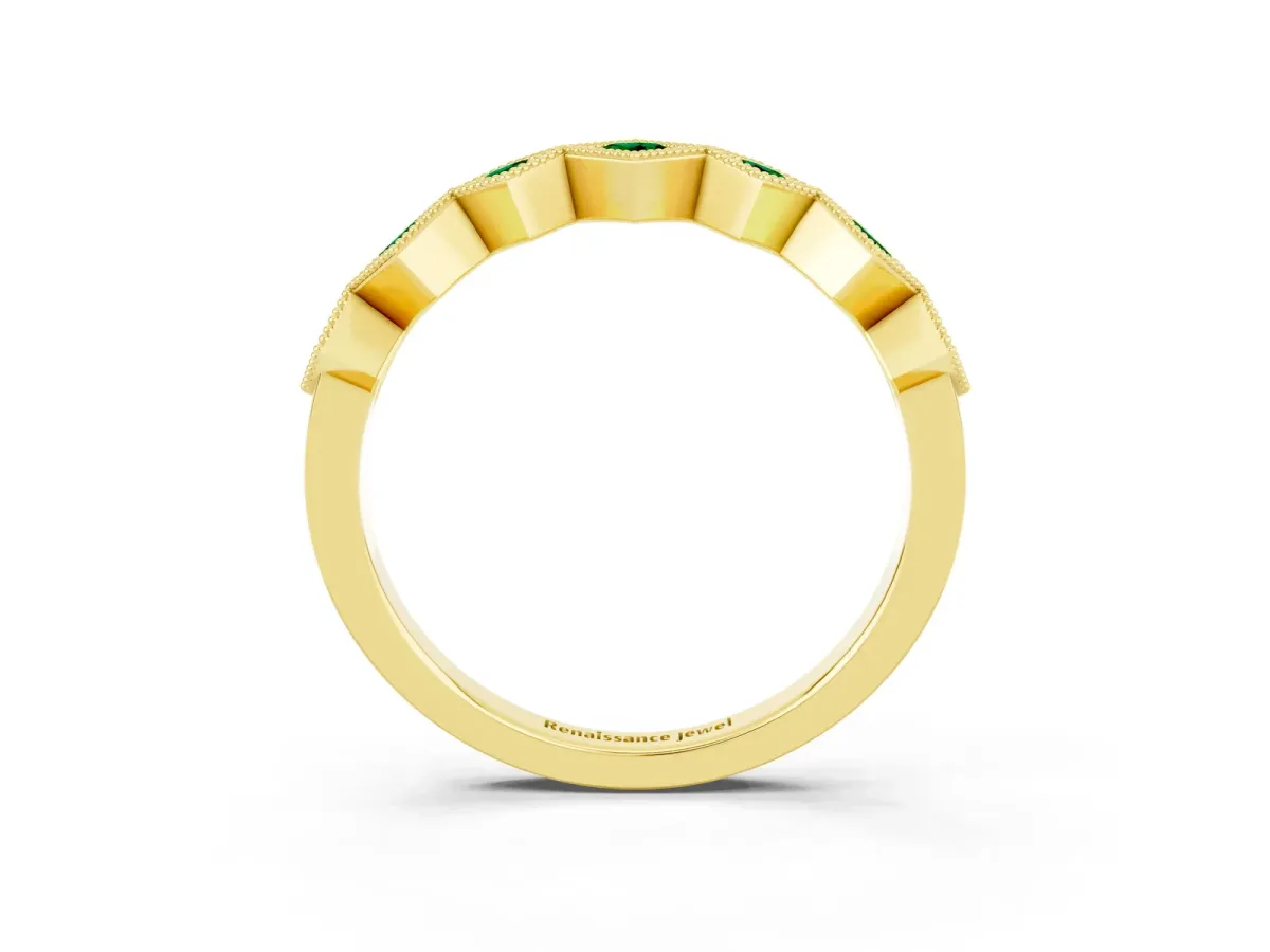 Milgrain Square Bezel Round Emerald Chevron Band Yellow gold