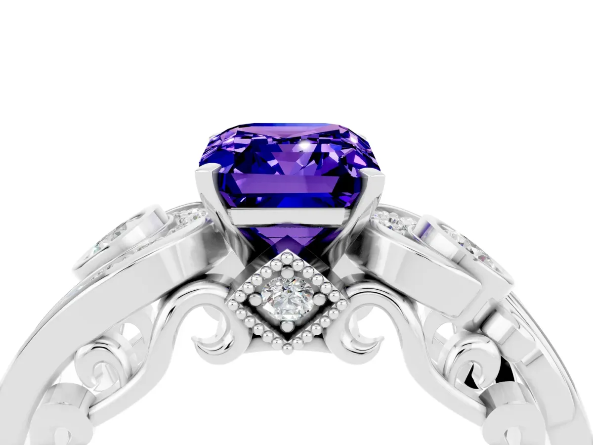 Emerald Cut Tanzanite Solitaire Ring with Milgrain Pavé Band and Four-Prong Setting Silver
