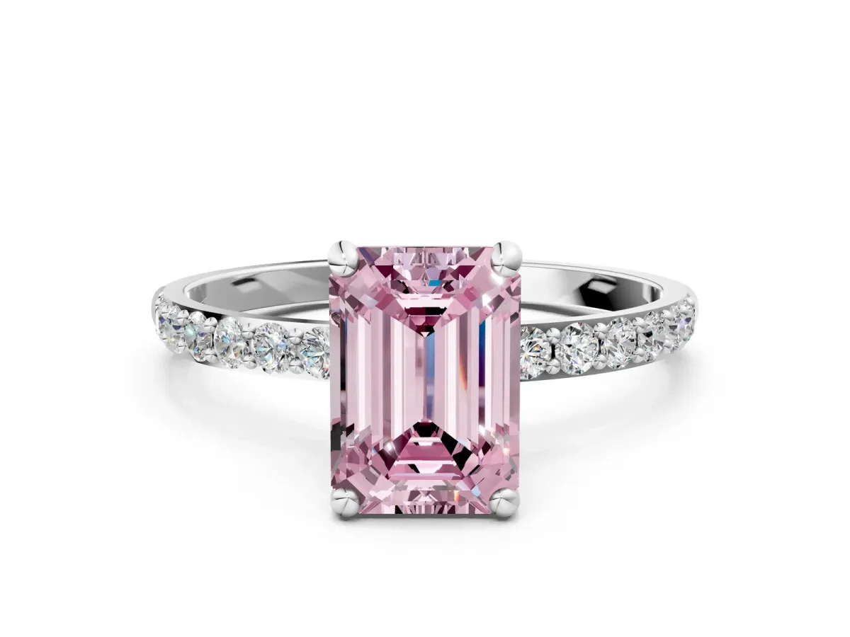 Fancy Pink Emerald Cut Diamond Solitaire Ring with Round Pavé Band and Prong Setting Platinum