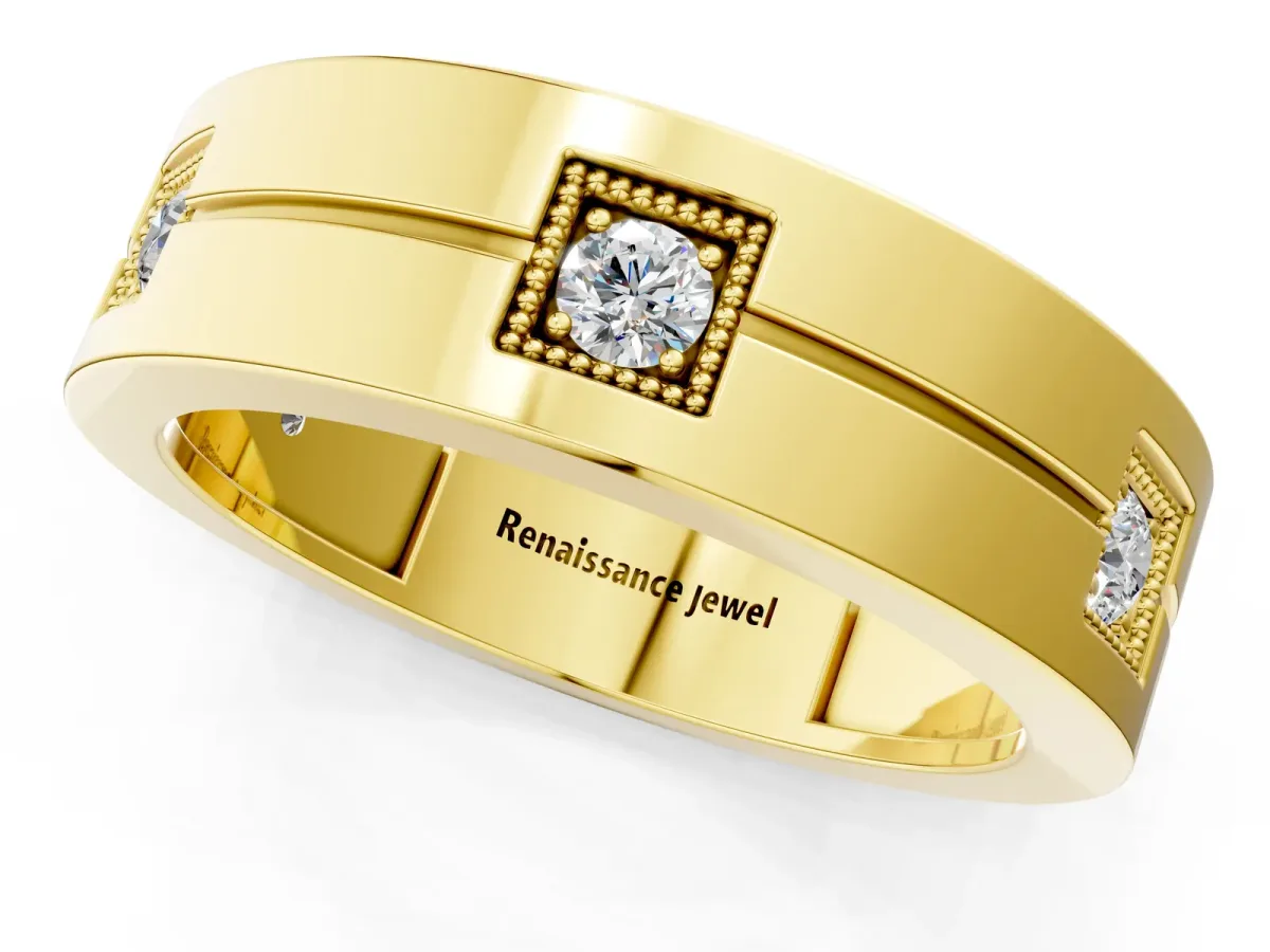 Round Diamond Square Station Mens Band Yellow gold