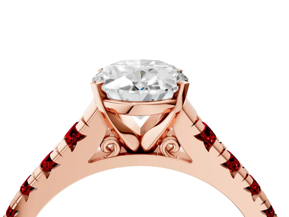 Oval Cut Diamond Cathedral Solitaire Ring with Round Ruby Pavé Band Rose gold