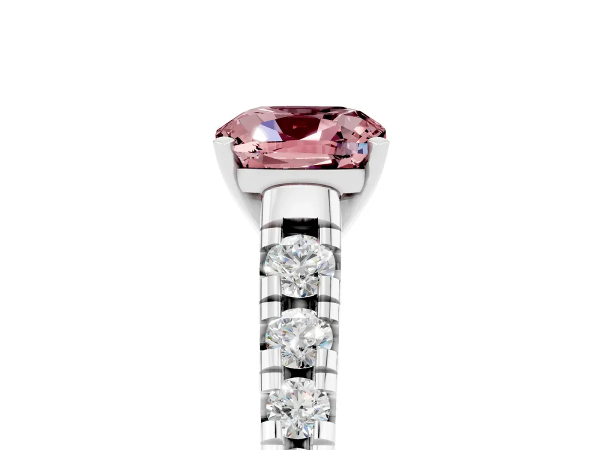 Cushion Cut Morganite Cathedral Solitaire Ring with Round Pavé Band Silver