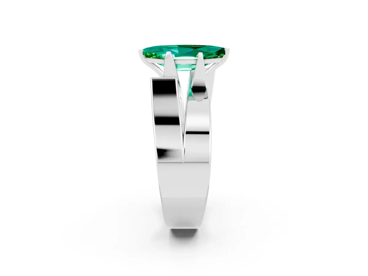 Modern Tension Set Marquise Cut Emerald Solitaire Wide Band Ring Silver