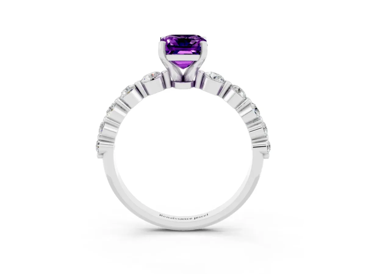 Emerald Cut Solitaire Amethyst Ring with Pave Band and Four-Prong Setting Platinum