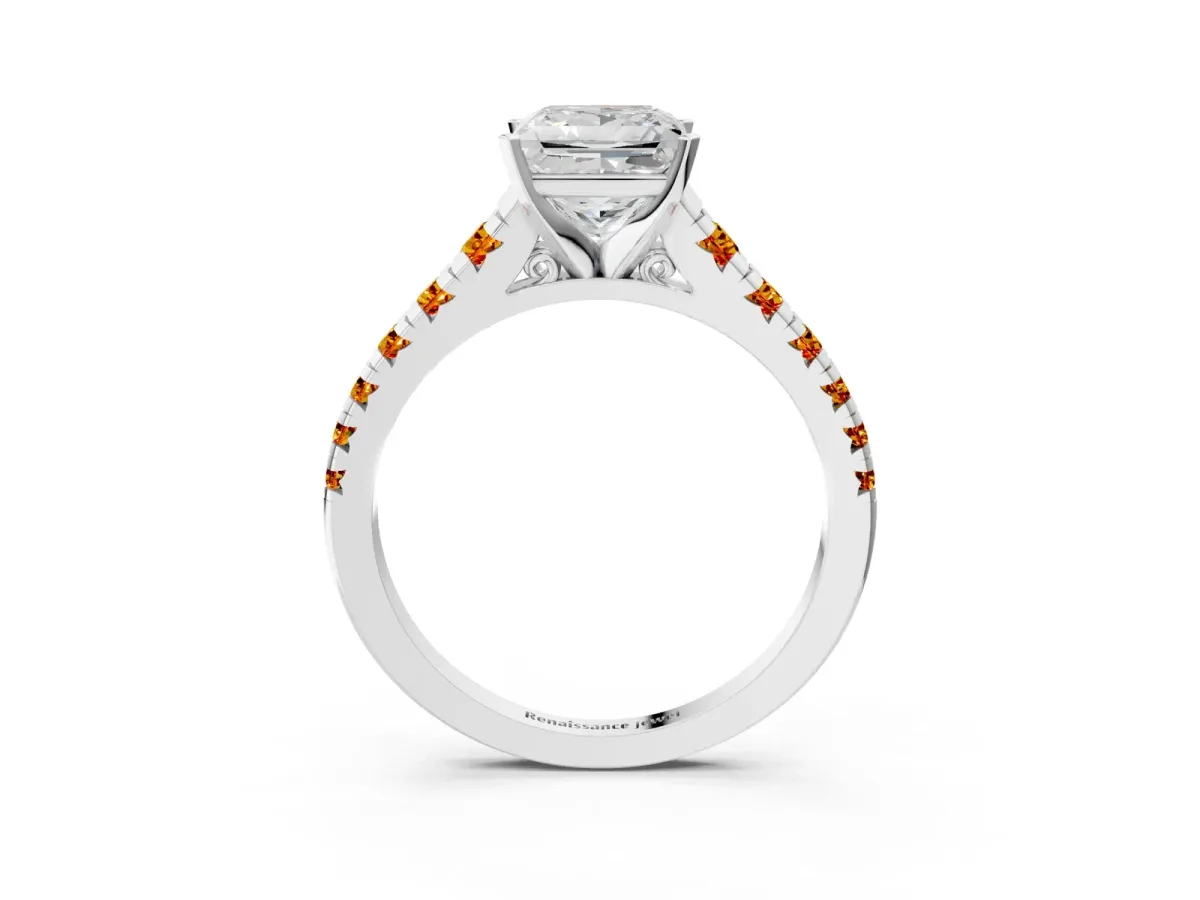 Princess Cut Diamond Cathedral Solitaire Ring with Round Citrine Pavé Band Silver